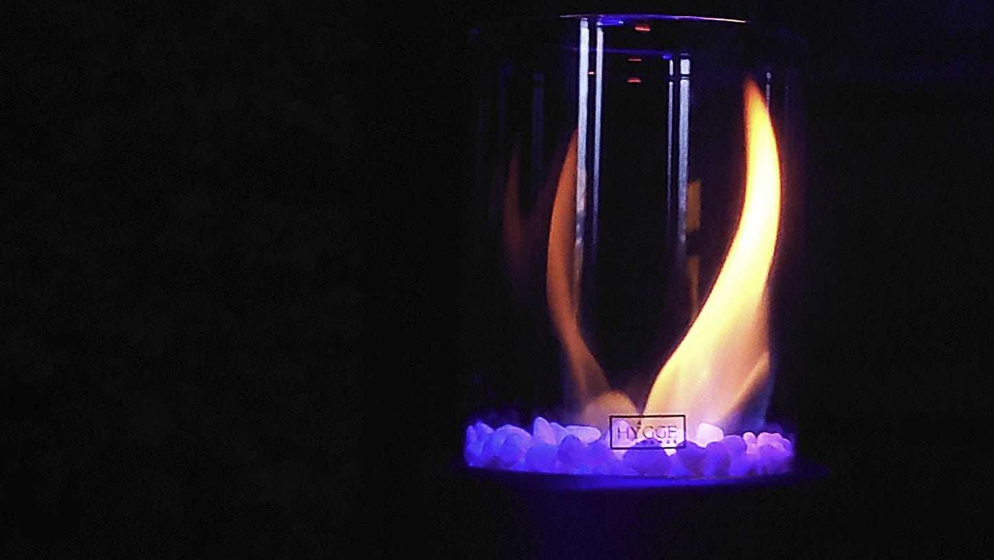 HyggeFlamme to go, Hyggelounge, borddekoration, blå led lys, god stemning, stilfuld